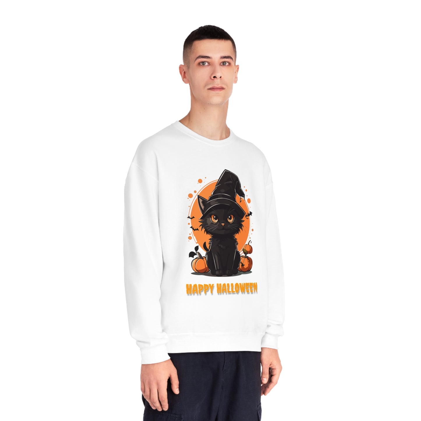 Halloween Cat Sweatshirt Unisex Funny Cat Witch Hat Graphic Shirt Gifts Spooky Long Sleeve Crewneck Shirt Tops