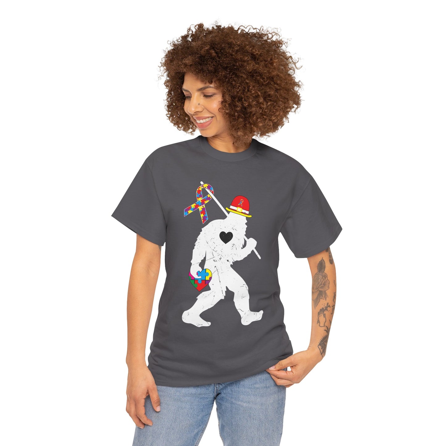 Bigfoot Heart Puzzle Piece Autism T shirt unisex heavy cotton T-shirt