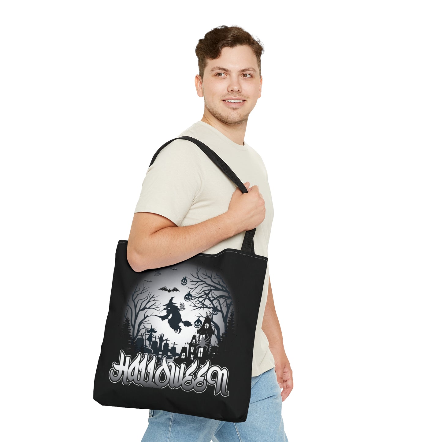 Halloween Globe Flying Witch Unisex Tote Bag (AOP)