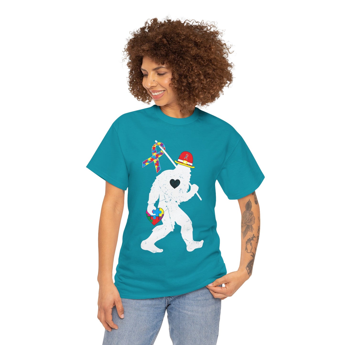 Bigfoot Heart Puzzle Piece Autism T shirt unisex heavy cotton T-shirt