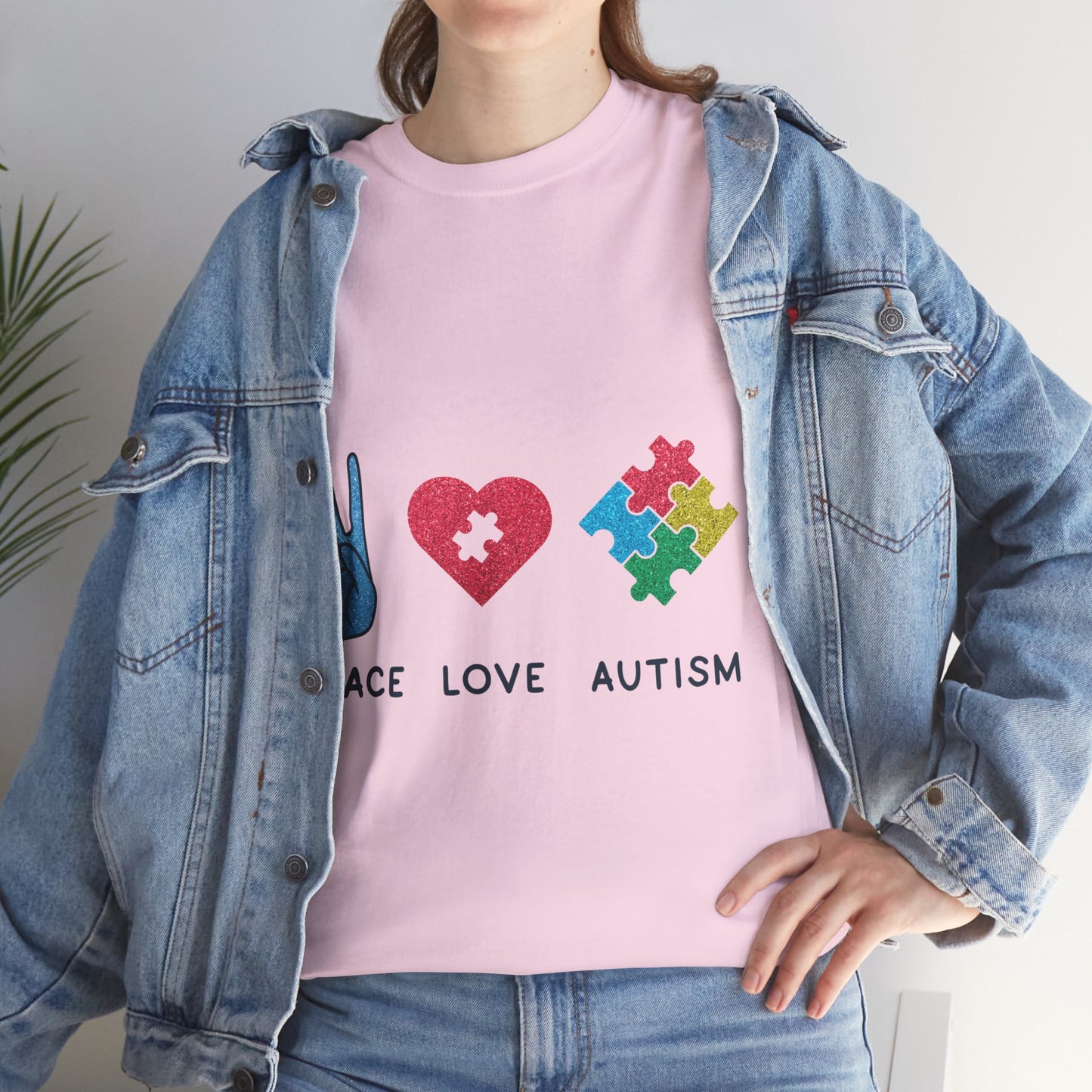 Autism Peace Love Autism T-shirt Unisex Heavy Cotton