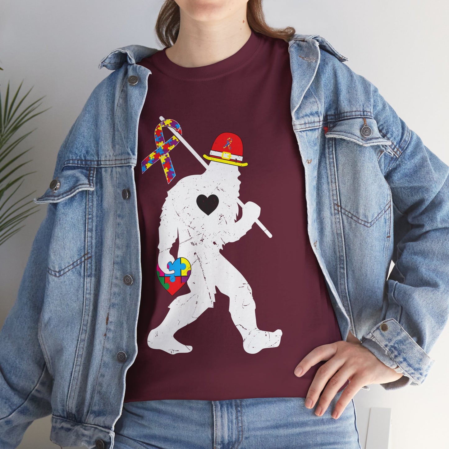 Bigfoot Heart Puzzle Piece Autism T shirt unisex heavy cotton T-shirt
