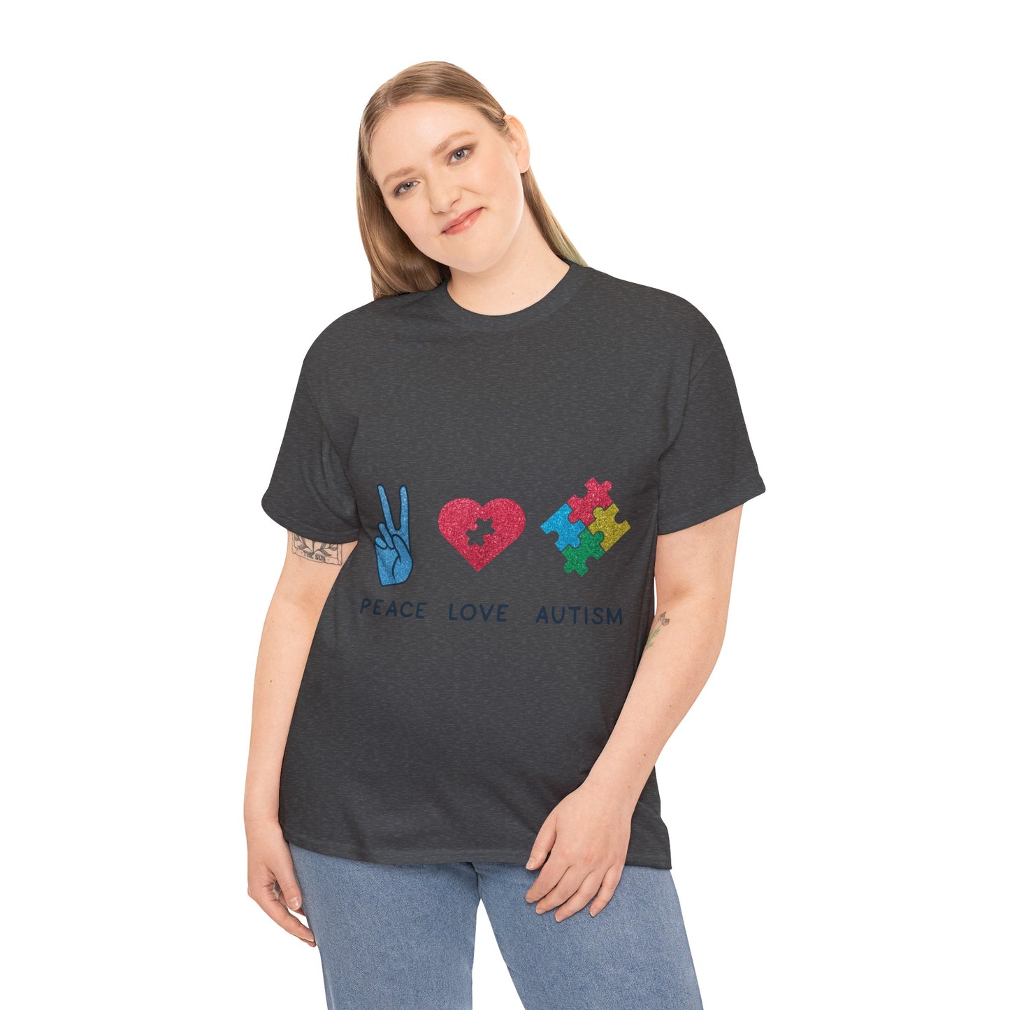 Autism Peace Love Autism T-shirt Unisex Heavy Cotton