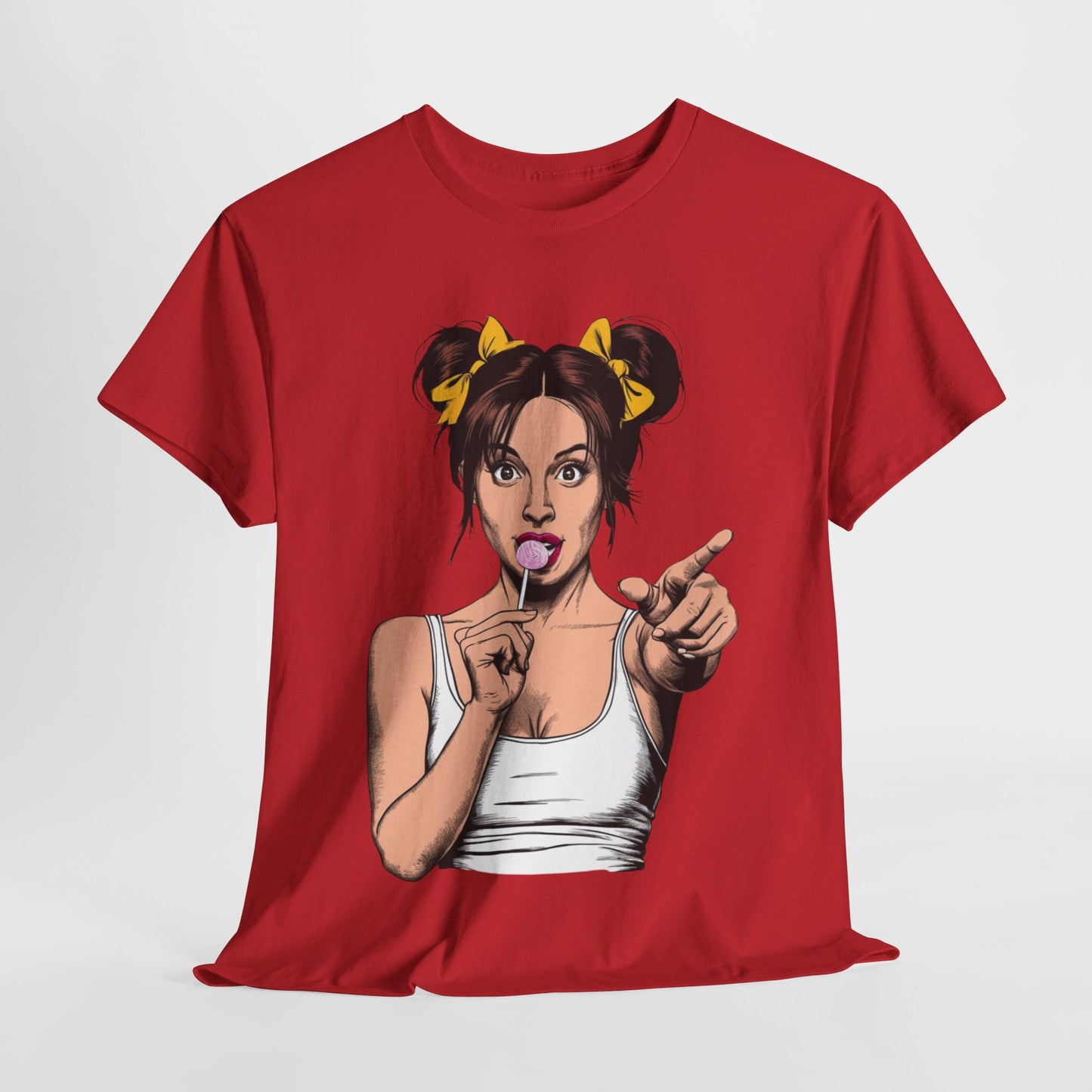 Sexy PopArt Girl with pigtails and Sucker Unisex heavy cotton Tshirt