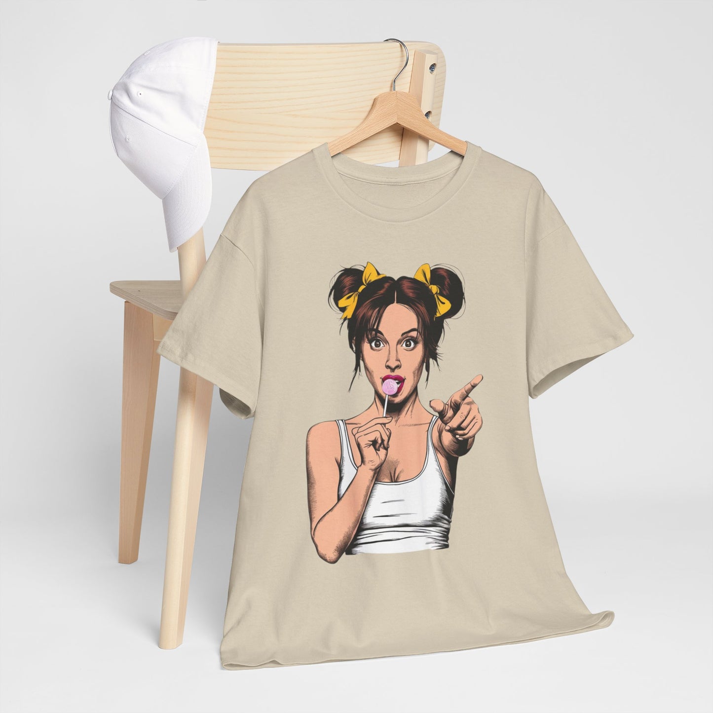 Sexy PopArt Girl with pigtails and Sucker Unisex heavy cotton Tshirt