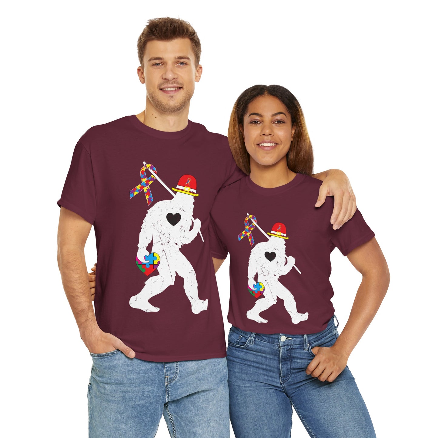 Bigfoot Heart Puzzle Piece Autism T shirt unisex heavy cotton T-shirt
