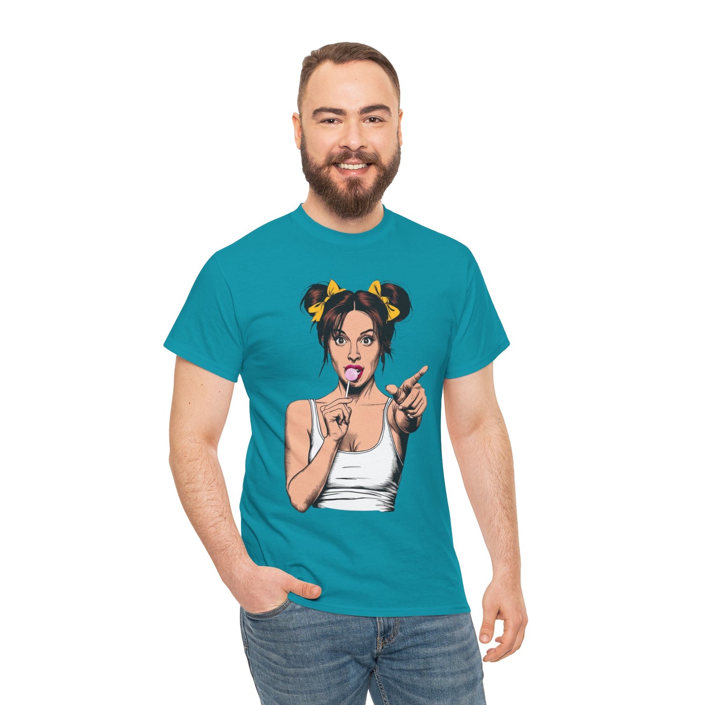 Sexy PopArt Girl with pigtails and Sucker Unisex heavy cotton Tshirt