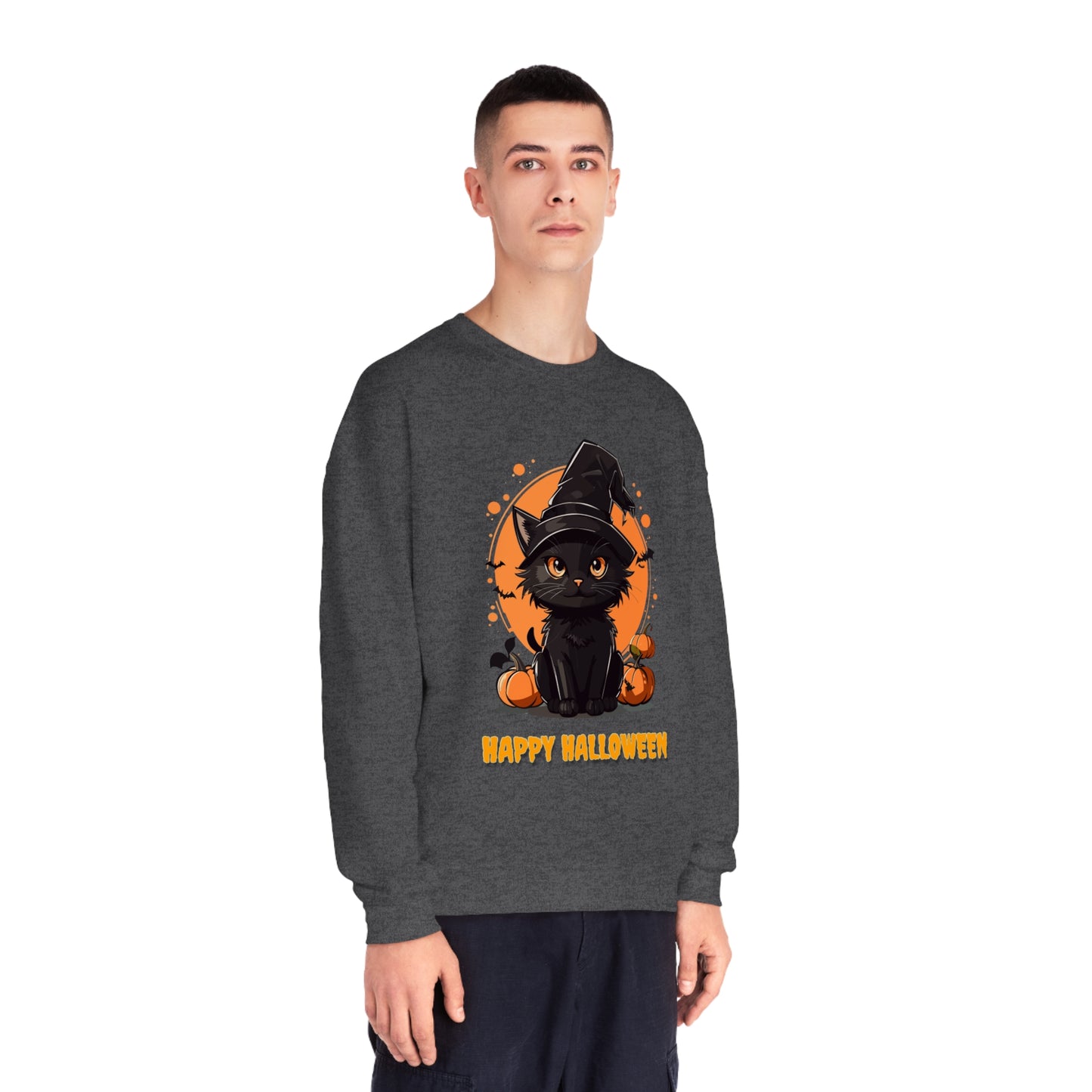 Halloween Cat Sweatshirt Unisex Funny Cat Witch Hat Graphic Shirt Gifts Spooky Long Sleeve Crewneck Shirt Tops
