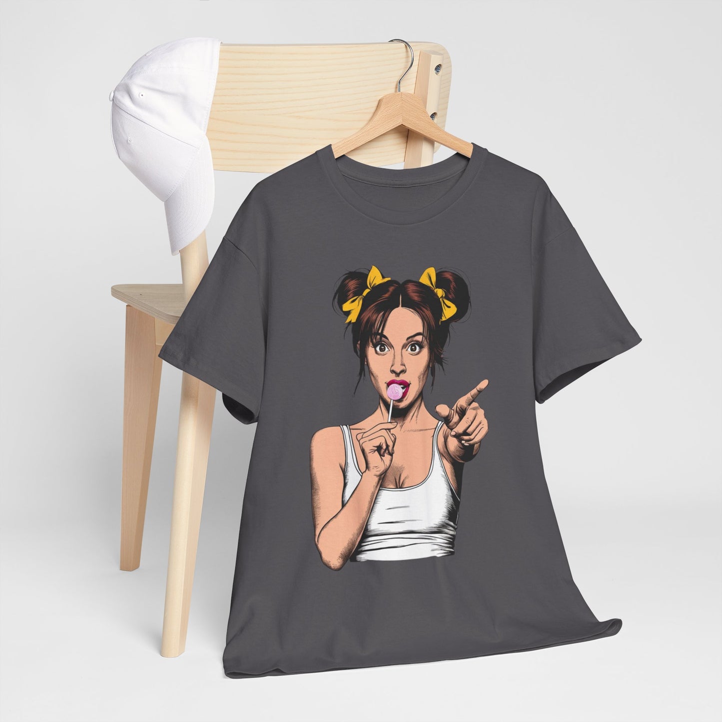 Sexy PopArt Girl with pigtails and Sucker Unisex heavy cotton Tshirt