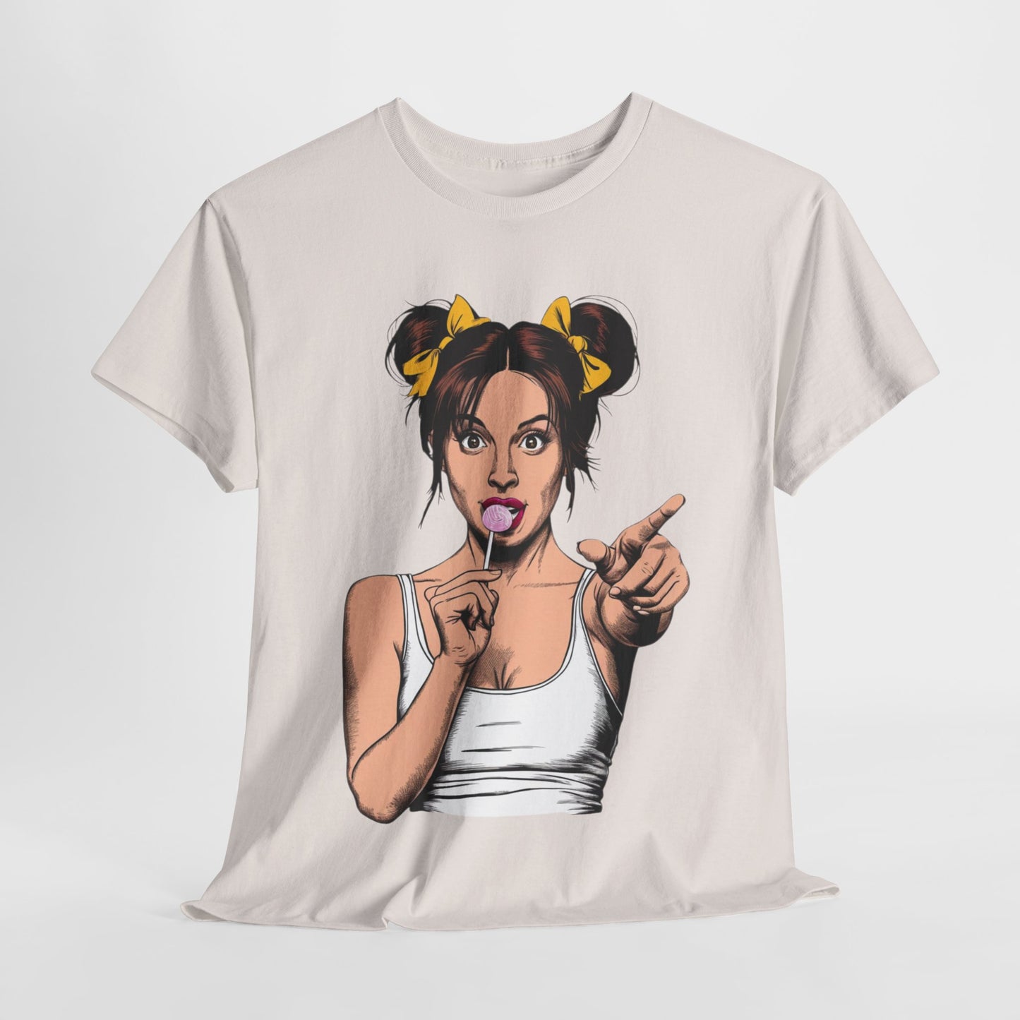 Sexy PopArt Girl with pigtails and Sucker Unisex heavy cotton Tshirt