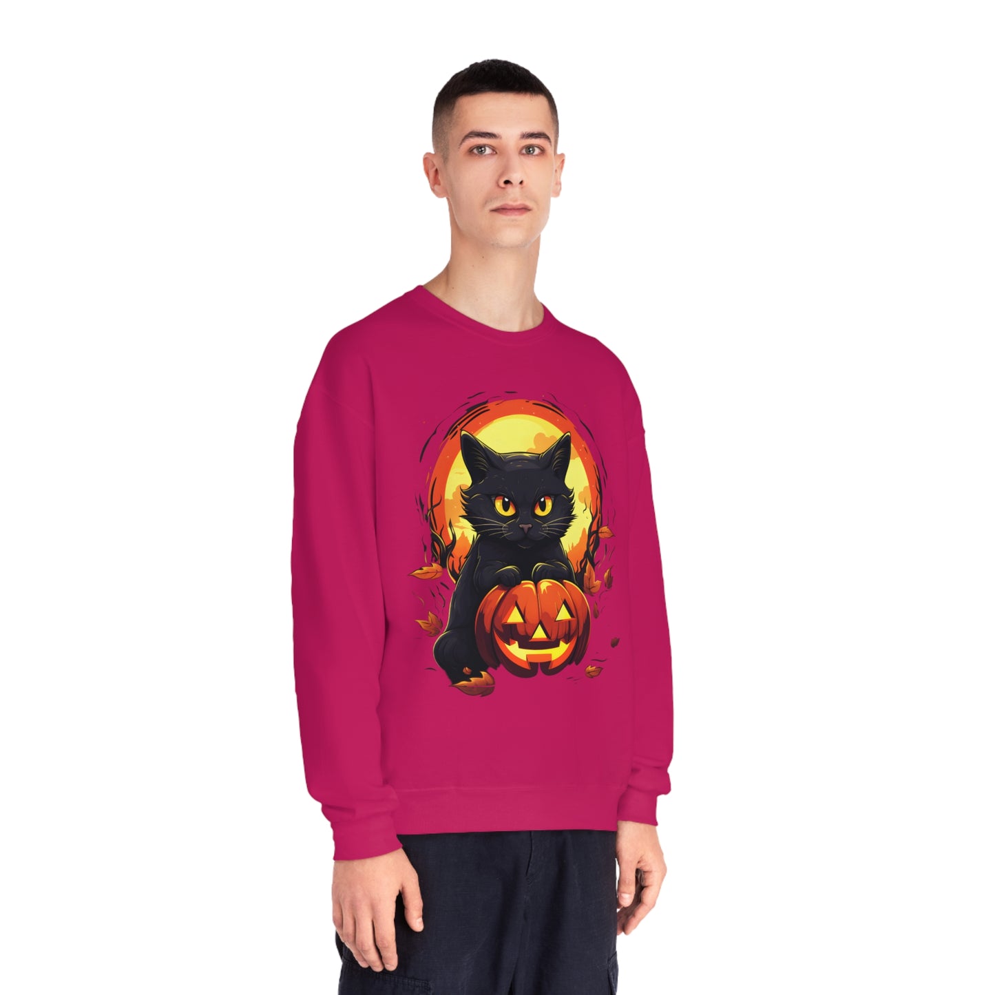Halloween Cat Sweatshirt Unisex Funny Cat Jack-O-Lantern Graphic Shirt Gifts Spooky Long Sleeve Crewneck Shirt Tops