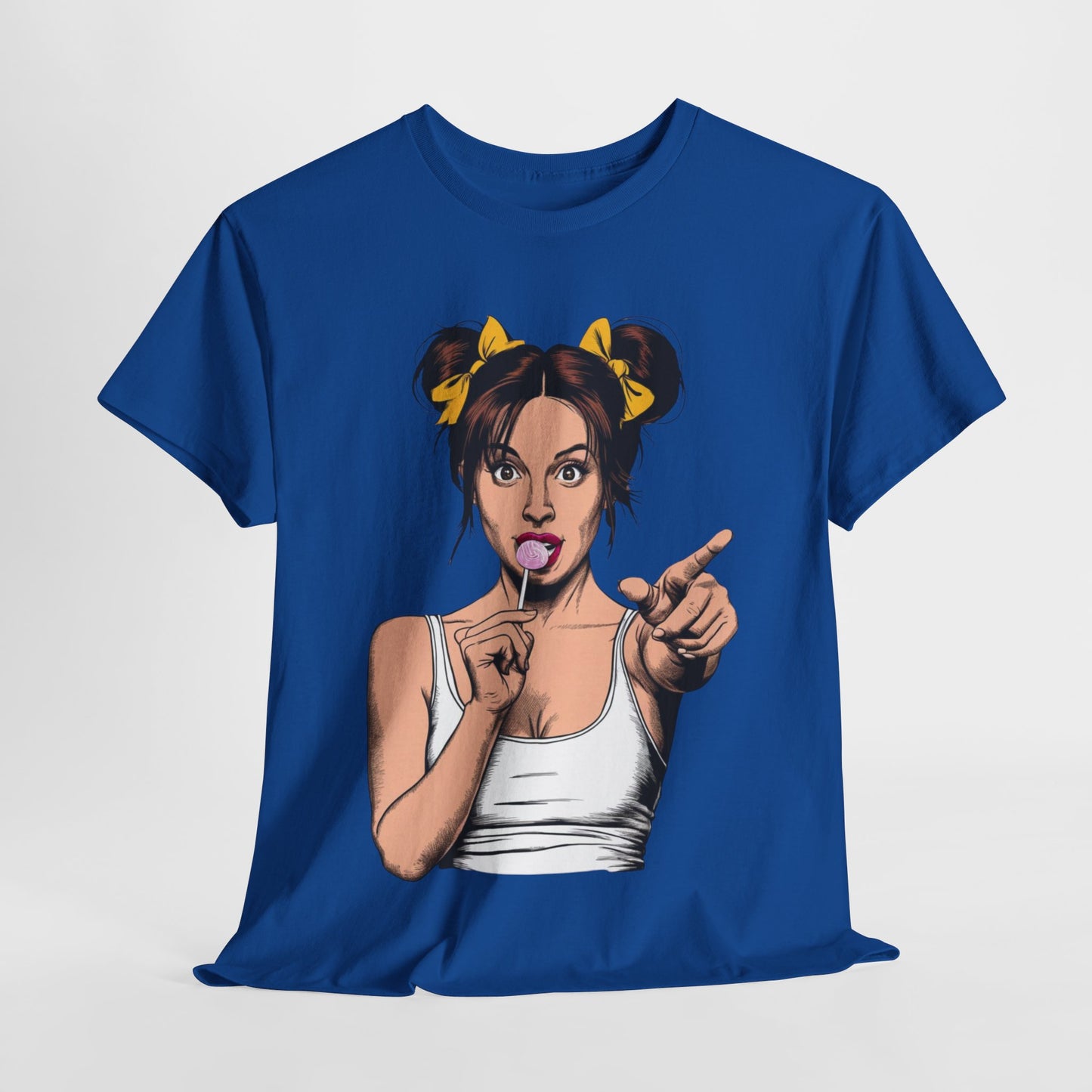 Sexy PopArt Girl with pigtails and Sucker Unisex heavy cotton Tshirt