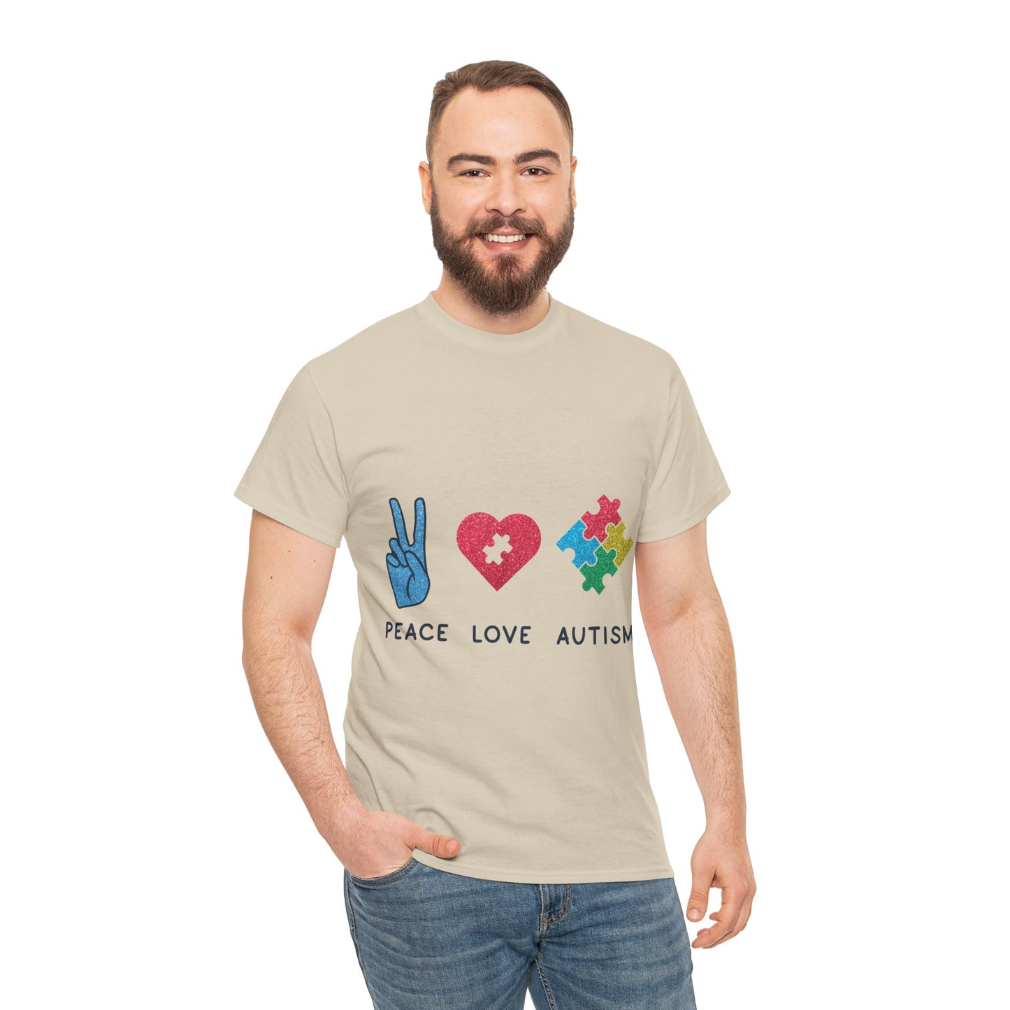 Autism Peace Love Autism T-shirt Unisex Heavy Cotton