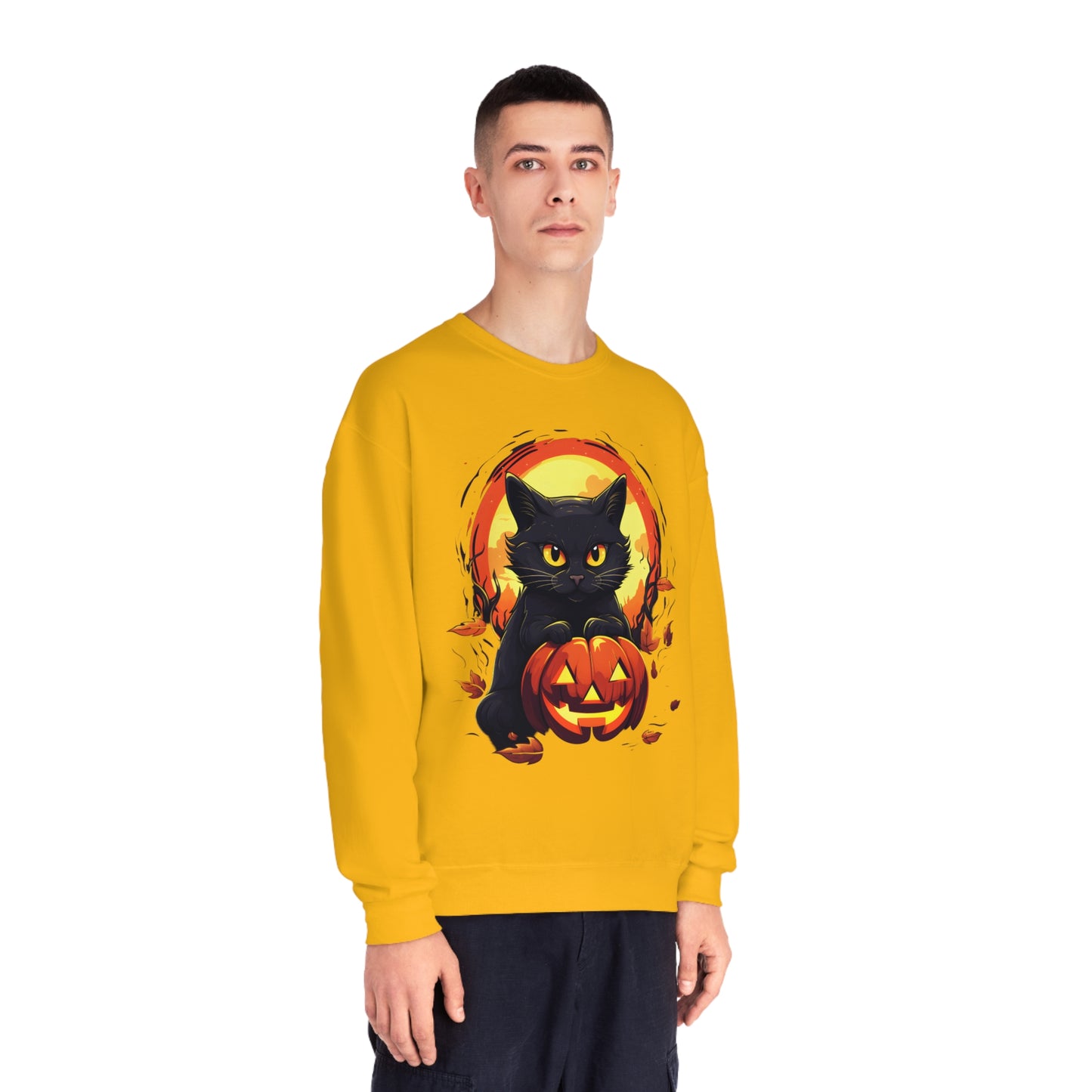 Halloween Cat Sweatshirt Unisex Funny Cat Jack-O-Lantern Graphic Shirt Gifts Spooky Long Sleeve Crewneck Shirt Tops