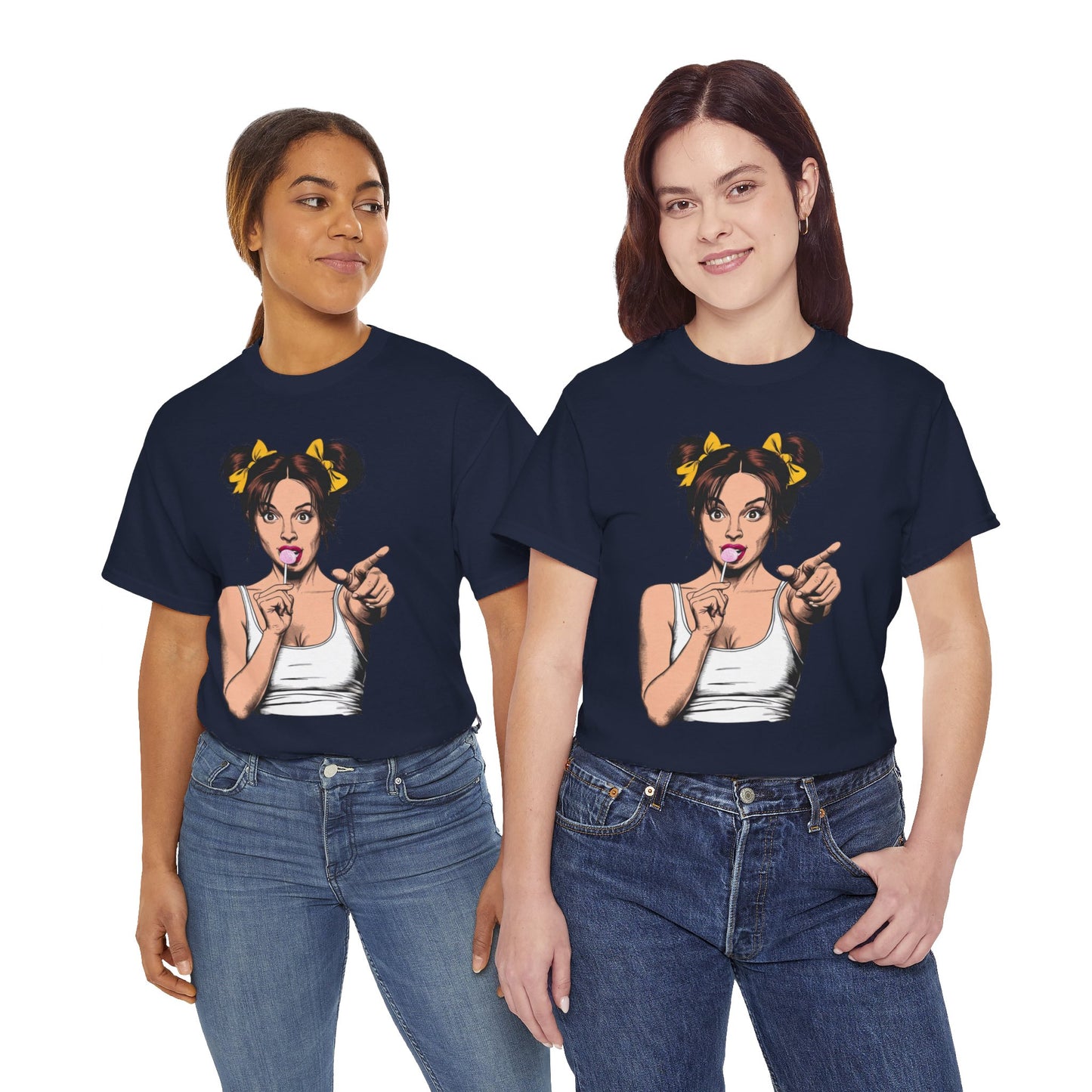 Sexy PopArt Girl with pigtails and Sucker Unisex heavy cotton Tshirt
