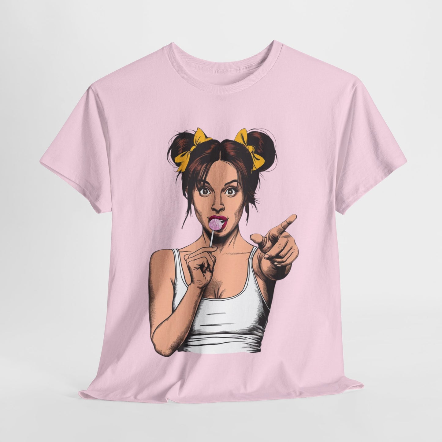 Sexy PopArt Girl with pigtails and Sucker Unisex heavy cotton Tshirt