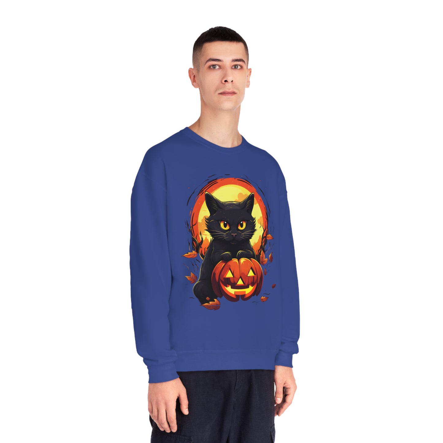 Halloween Cat Sweatshirt Unisex Funny Cat Jack-O-Lantern Graphic Shirt Gifts Spooky Long Sleeve Crewneck Shirt Tops