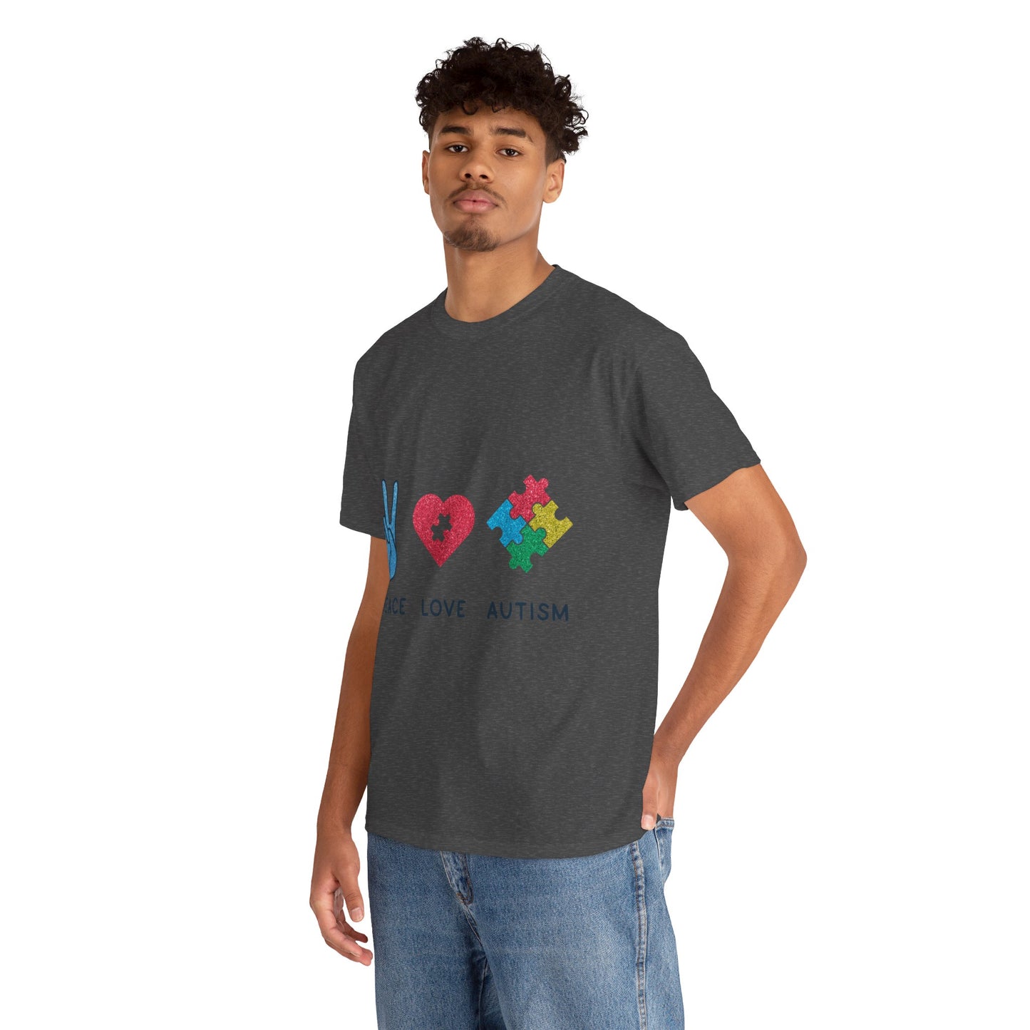 Autism Peace Love Autism T-shirt Unisex Heavy Cotton