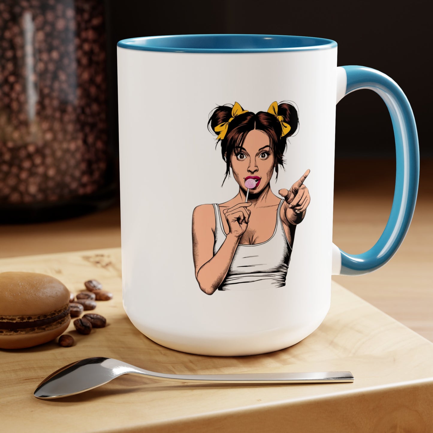 Sexy PopArt Girl with Sucker and Pigtails 15oz Coffee Mug