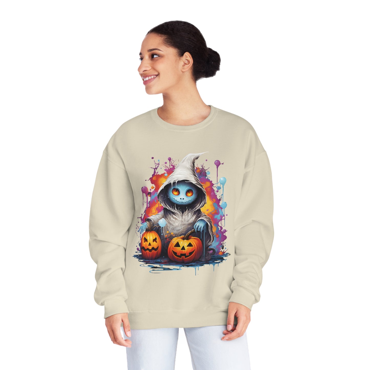 Cute Halloween Unisex Sweatshirt Jack-O-Lanterns Graphic Shirt Gifts Spooky Long Sleeve Crewneck Shirt Tops