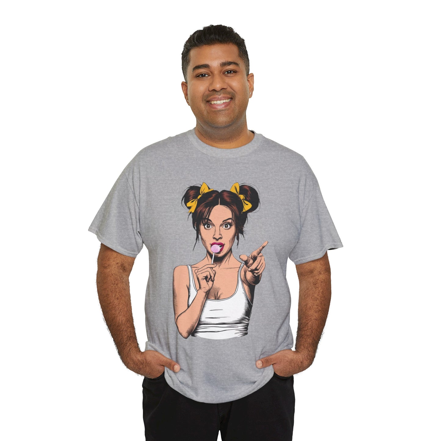 Sexy PopArt Girl with pigtails and Sucker Unisex heavy cotton Tshirt