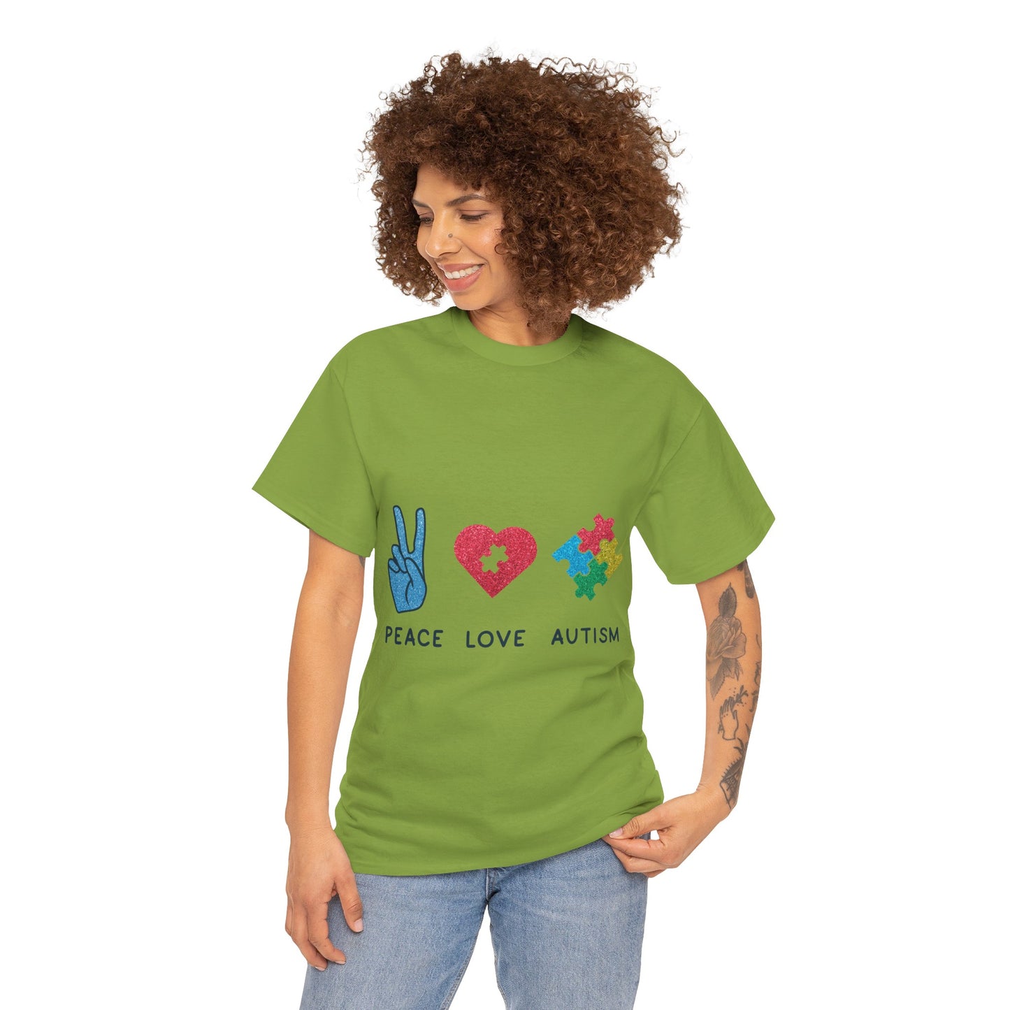 Autism Peace Love Autism T-shirt Unisex Heavy Cotton