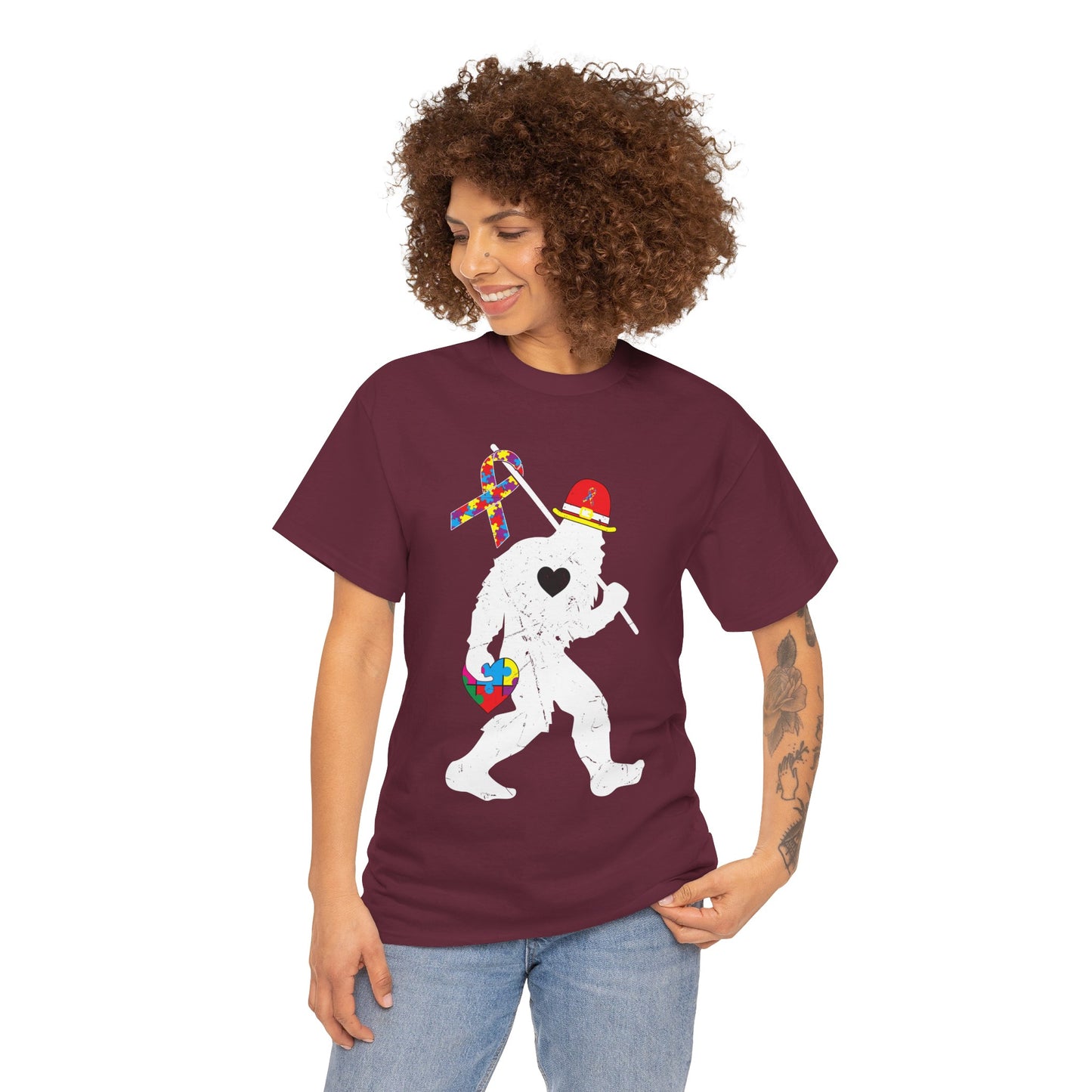Bigfoot Heart Puzzle Piece Autism T shirt unisex heavy cotton T-shirt