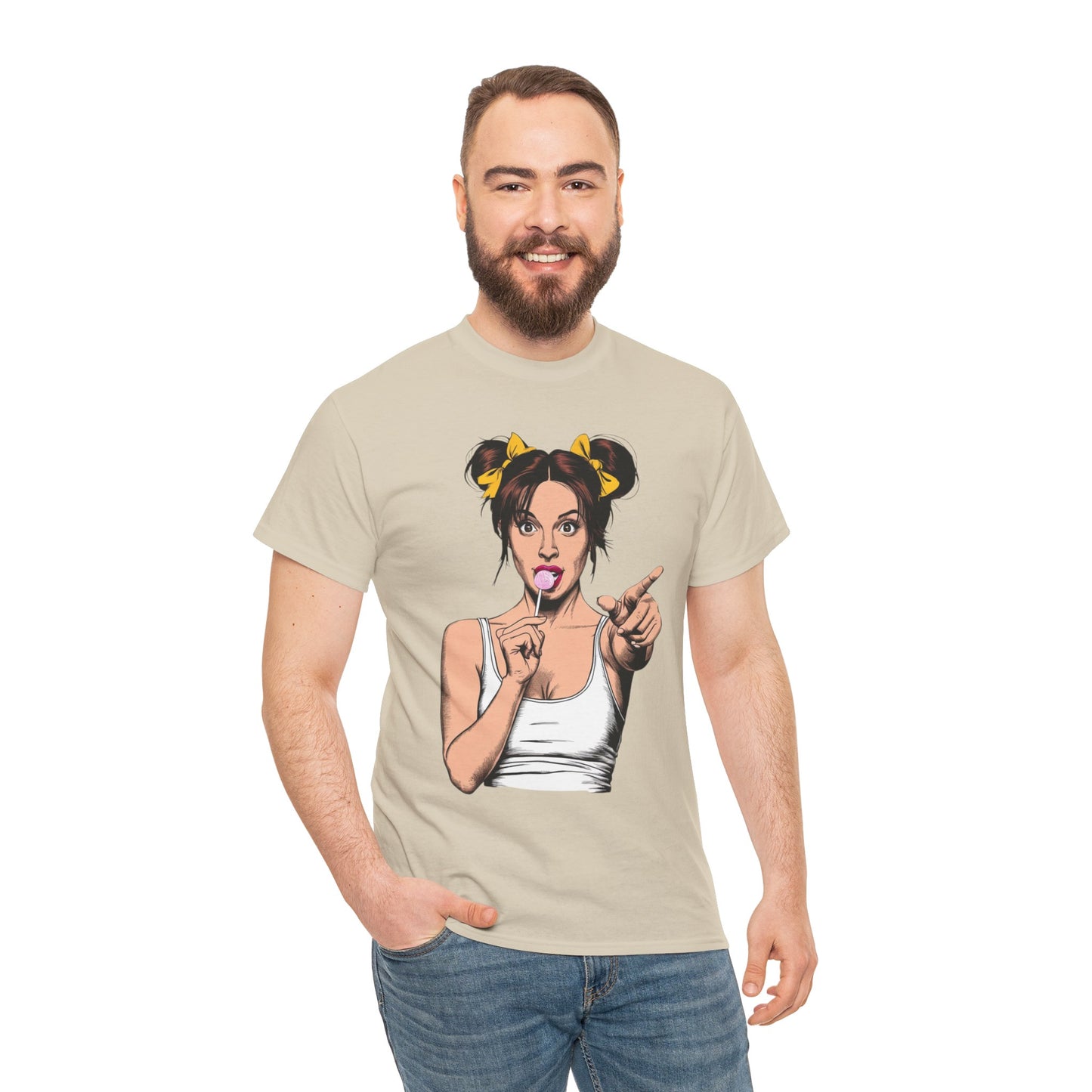 Sexy PopArt Girl with pigtails and Sucker Unisex heavy cotton Tshirt