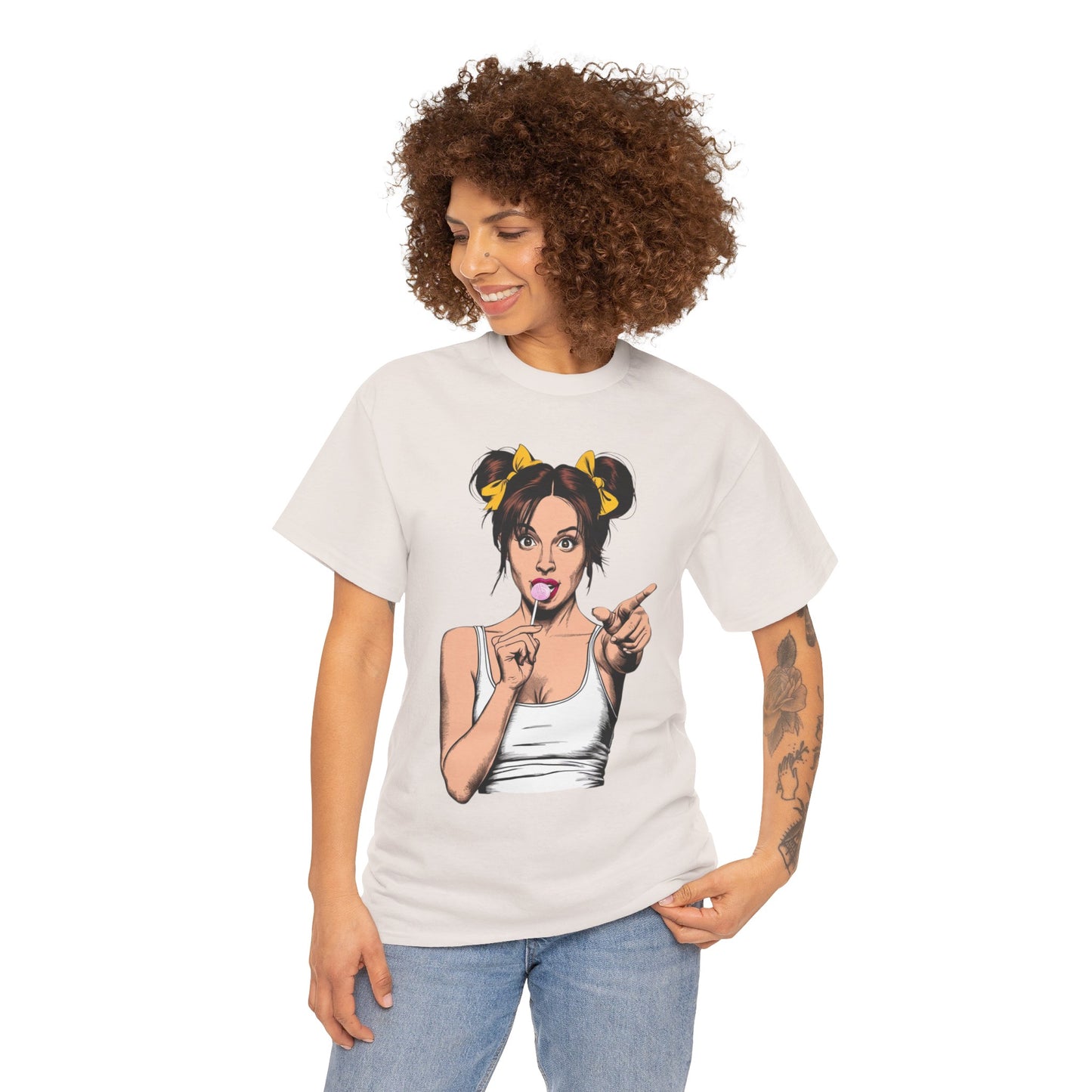 Sexy PopArt Girl with pigtails and Sucker Unisex heavy cotton Tshirt