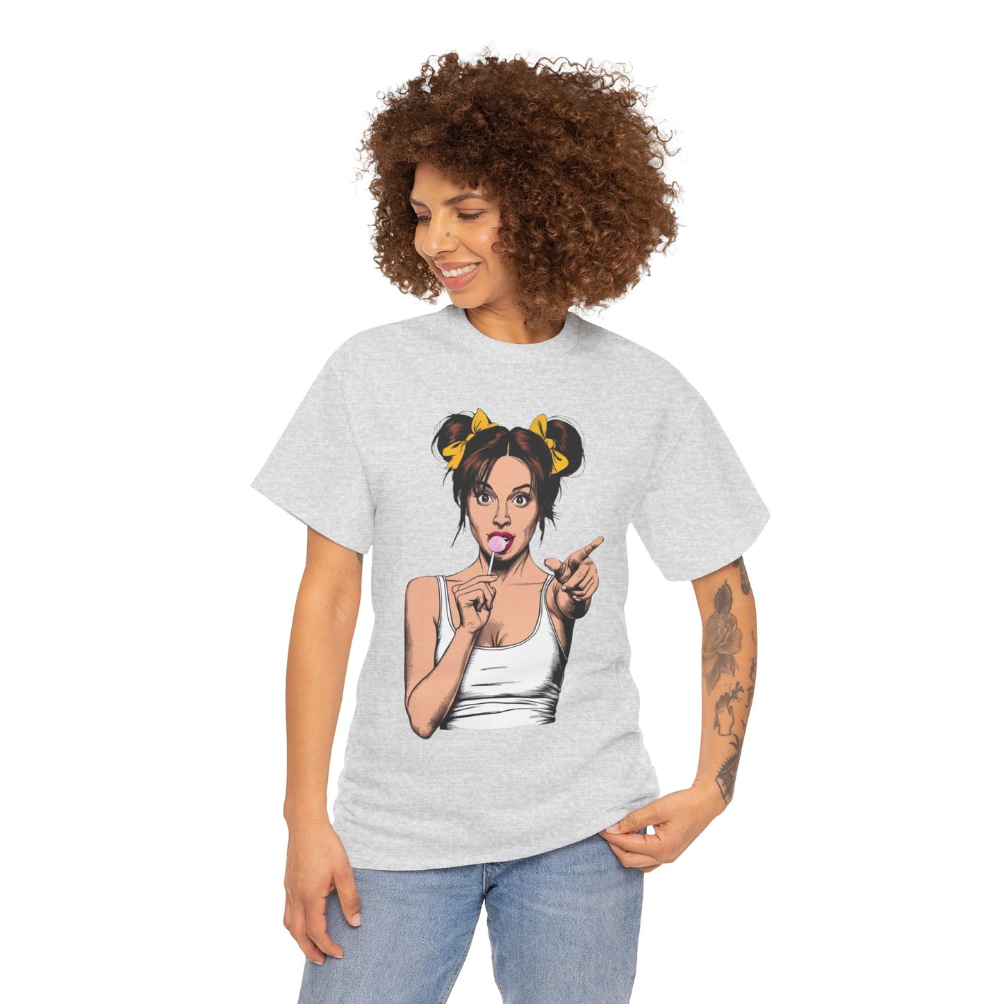 Sexy PopArt Girl with pigtails and Sucker Unisex heavy cotton Tshirt