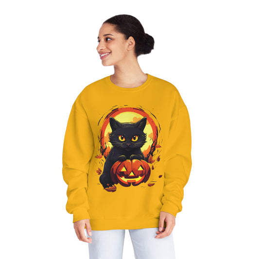 Halloween Cat Sweatshirt Unisex Funny Cat Jack-O-Lantern Graphic Shirt Gifts Spooky Long Sleeve Crewneck Shirt Tops