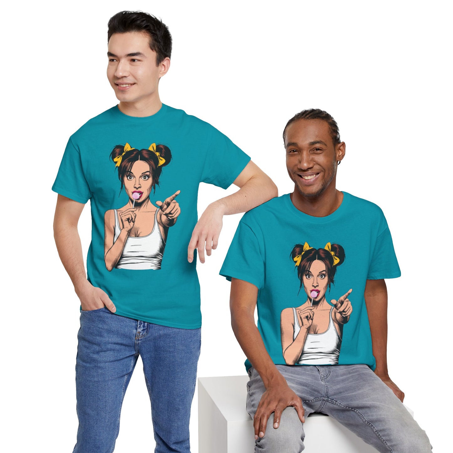 Sexy PopArt Girl with pigtails and Sucker Unisex heavy cotton Tshirt