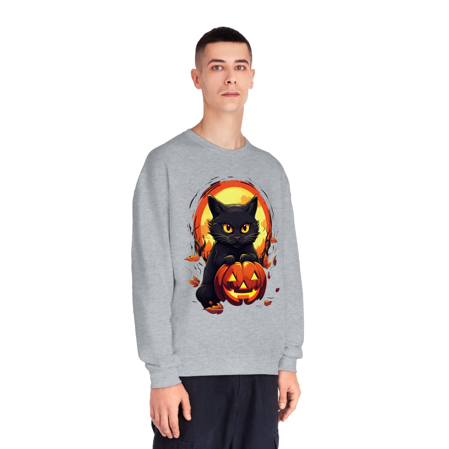 Halloween Cat Sweatshirt Unisex Funny Cat Jack-O-Lantern Graphic Shirt Gifts Spooky Long Sleeve Crewneck Shirt Tops