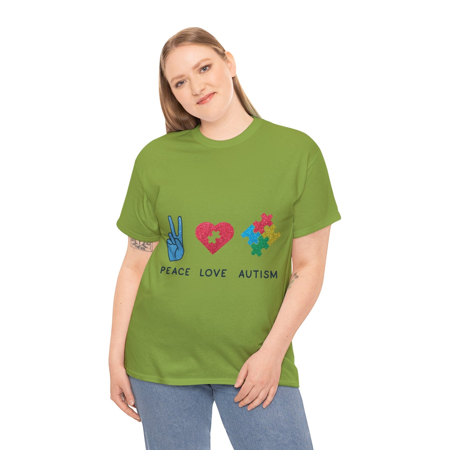 Autism Peace Love Autism T-shirt Unisex Heavy Cotton