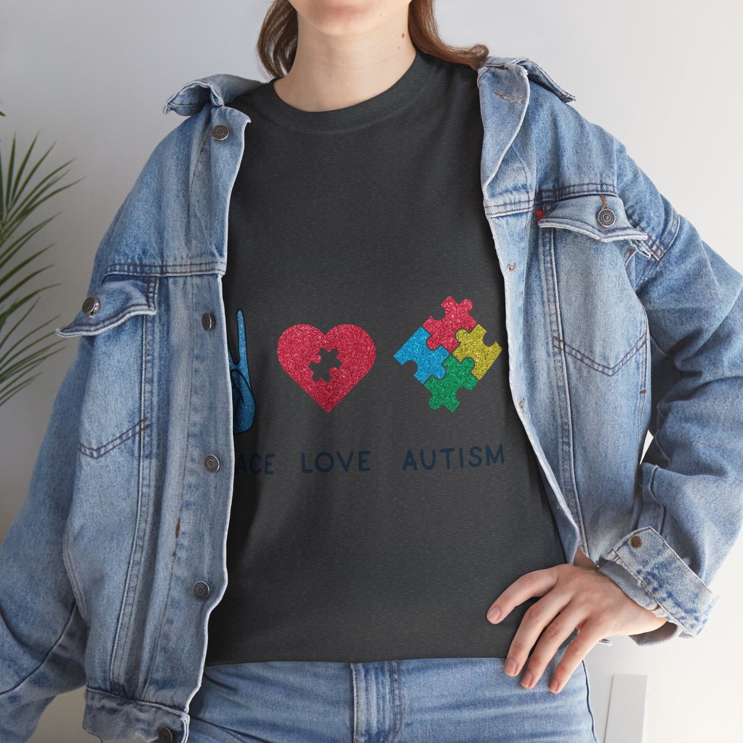 Autism Peace Love Autism T-shirt Unisex Heavy Cotton