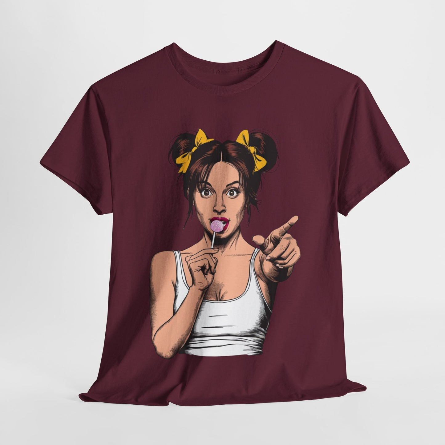 Sexy PopArt Girl with pigtails and Sucker Unisex heavy cotton Tshirt