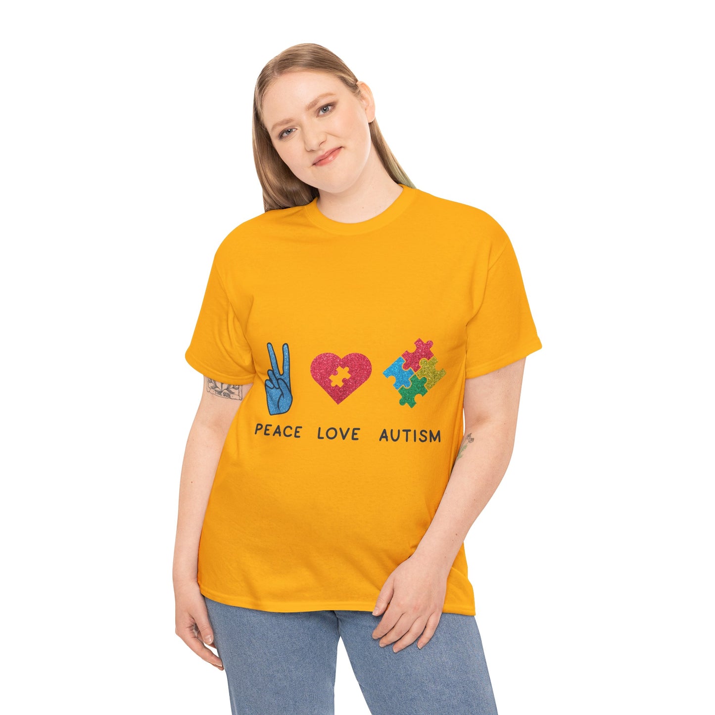 Autism Peace Love Autism T-shirt Unisex Heavy Cotton