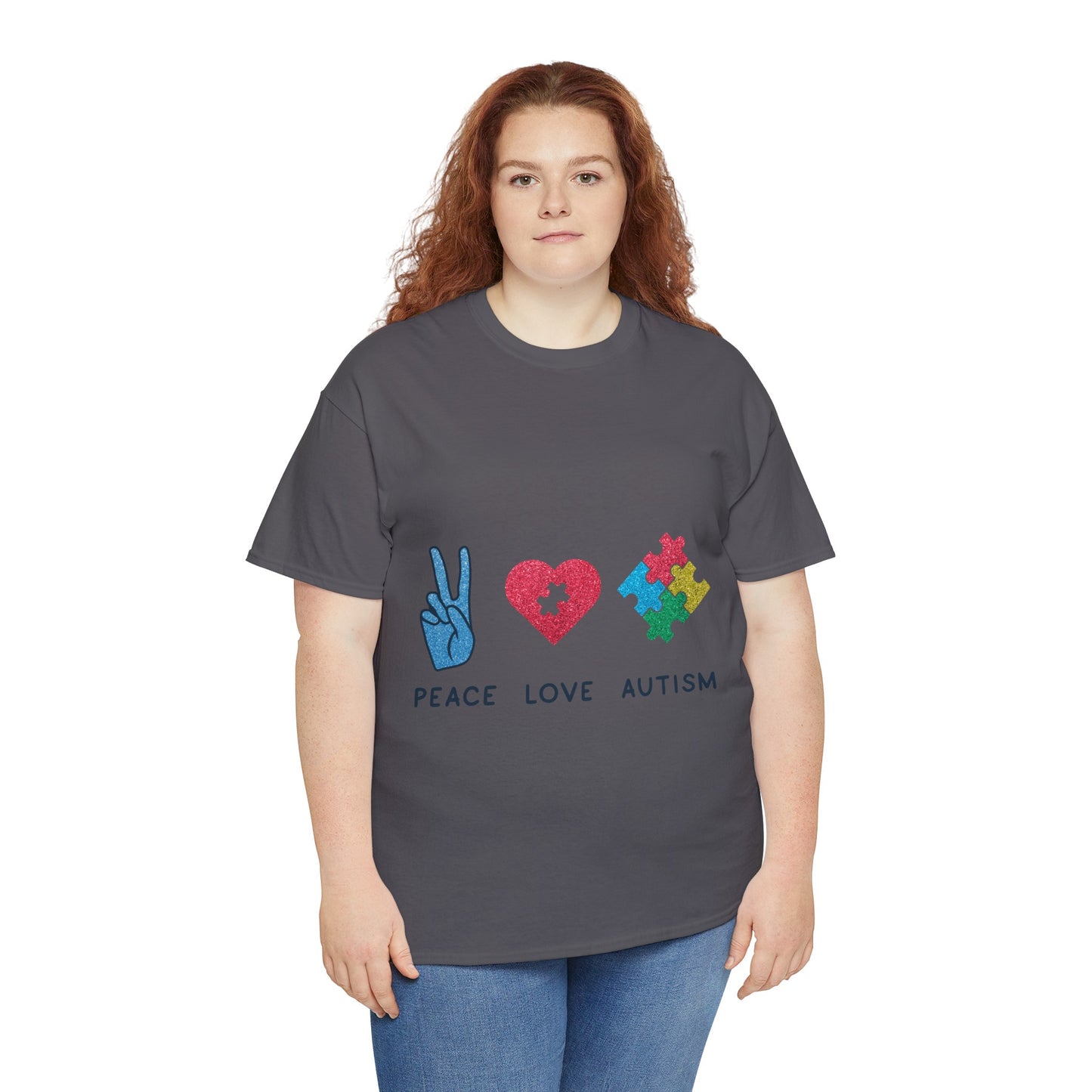 Autism Peace Love Autism T-shirt Unisex Heavy Cotton