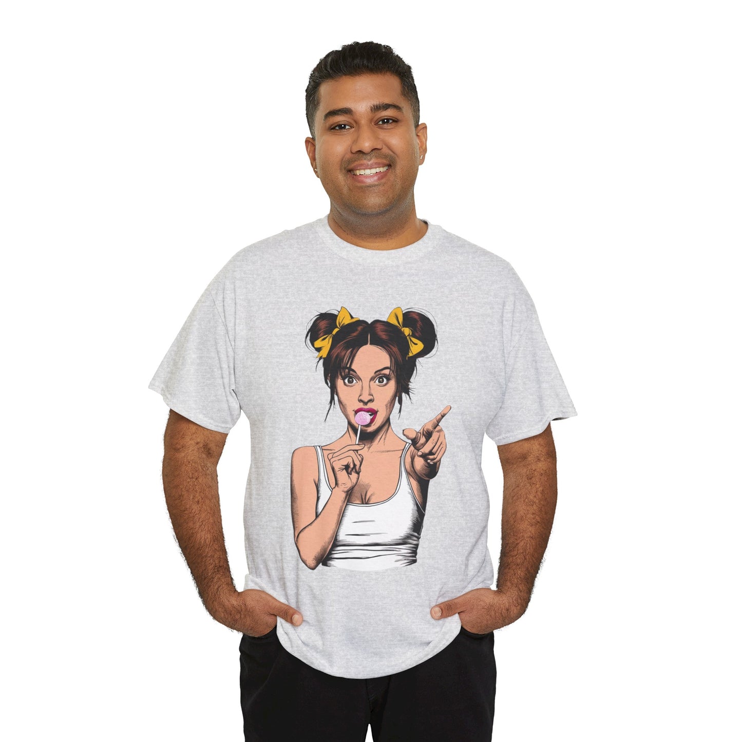 Sexy PopArt Girl with pigtails and Sucker Unisex heavy cotton Tshirt