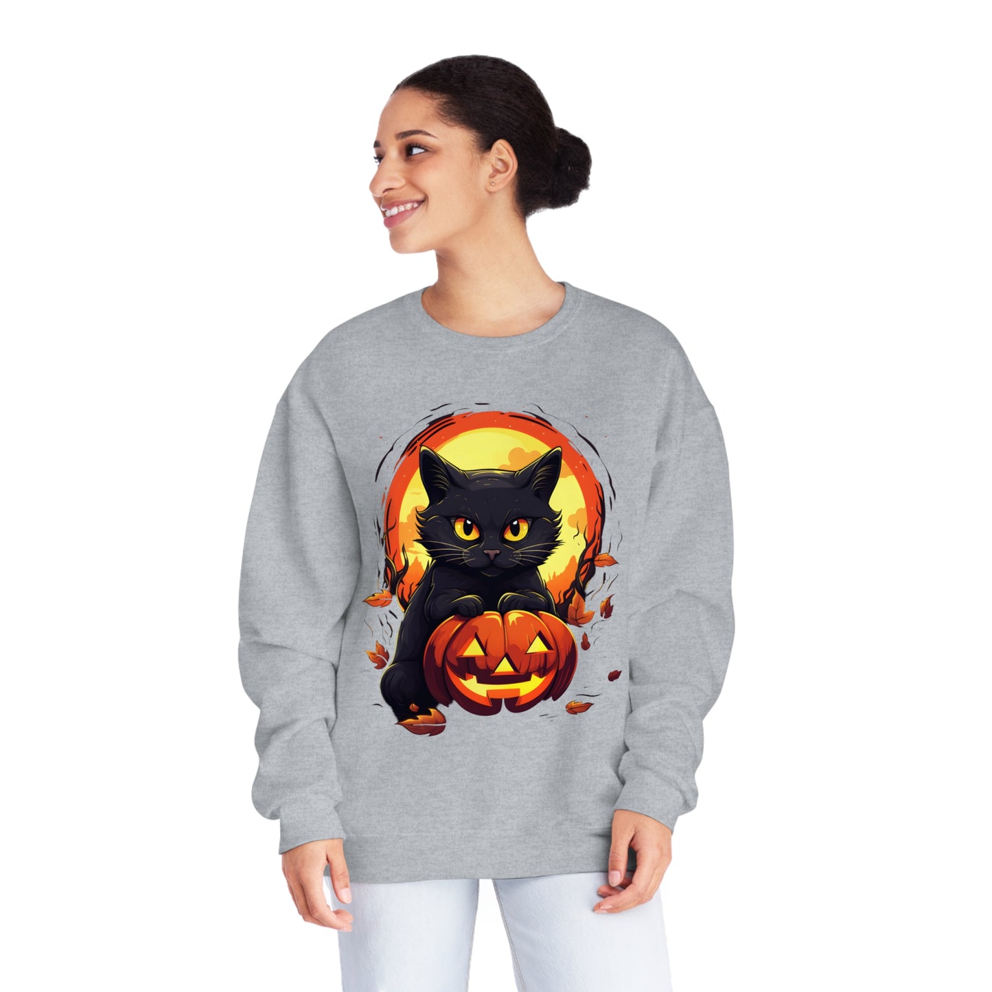 Halloween Cat Sweatshirt Unisex Funny Cat Jack-O-Lantern Graphic Shirt Gifts Spooky Long Sleeve Crewneck Shirt Tops